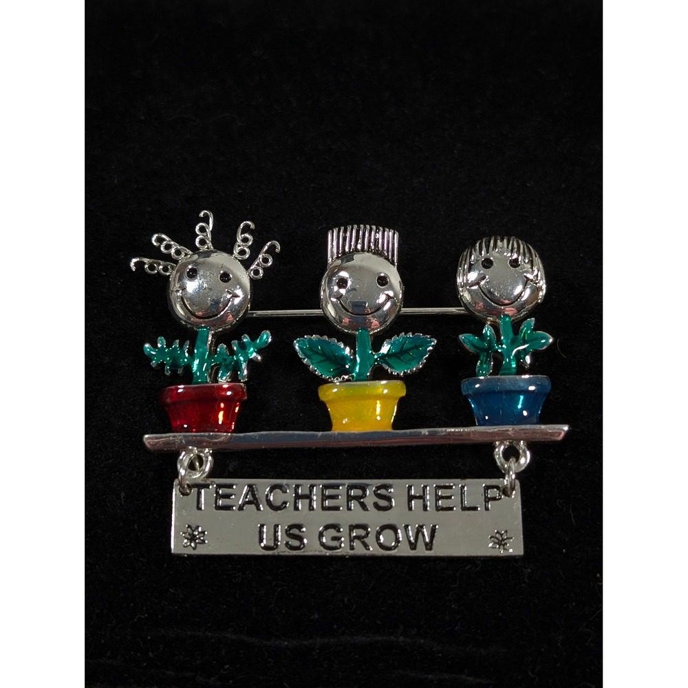 Danecraft Teachers Help Us Grow Brooch Silver Tone Kids Flower Pin